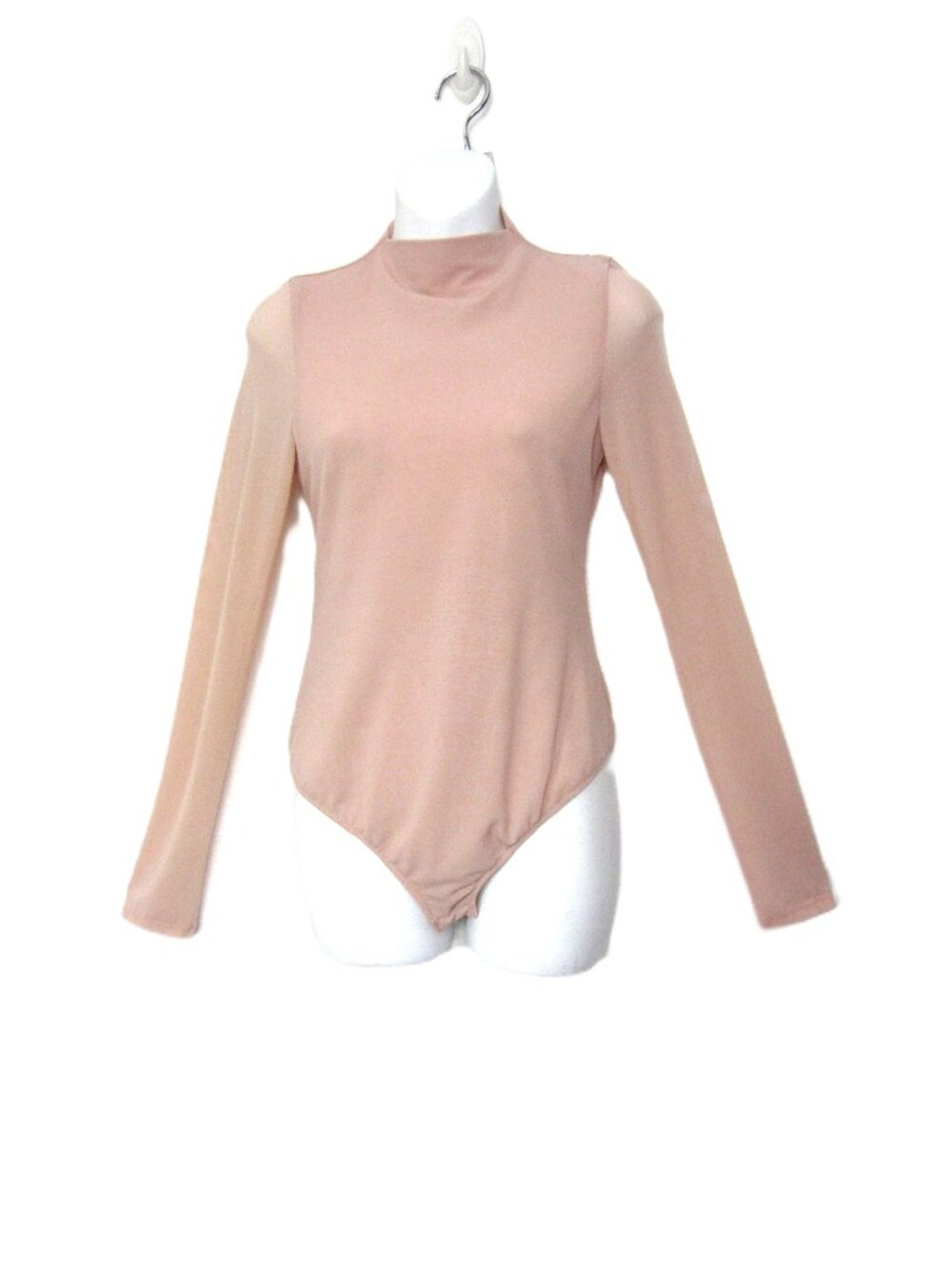 Iris Womens L Nude Pink Mesh Semi Sheer Bodysuit Body Suit Long Sleeve Mock Neck